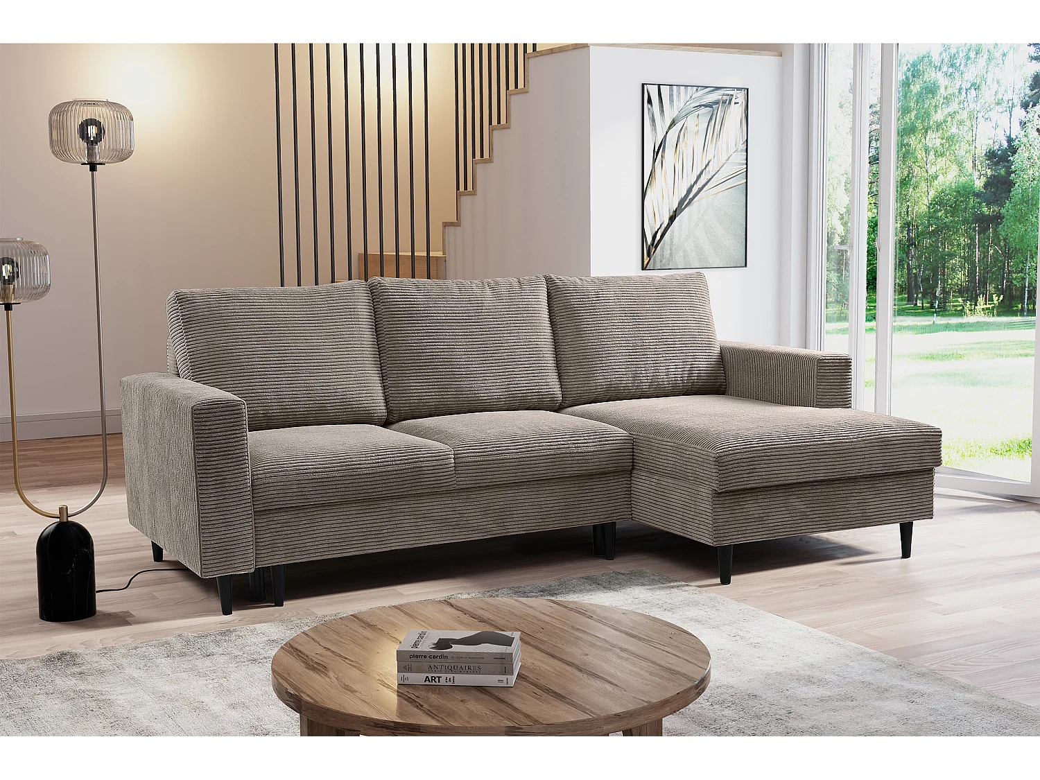 Canapé d'angle - avec fonction couchage en L - velours côtelé couleur beige - côté droit - NALIKA