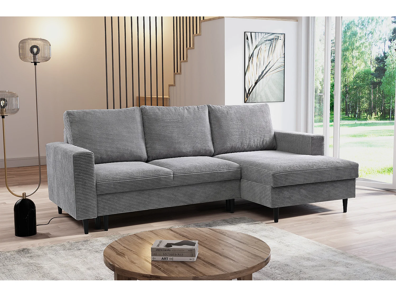 Hoekbank - met L-vormige slaapfunctie - grijs corduroy - rechterkant - NALIKA