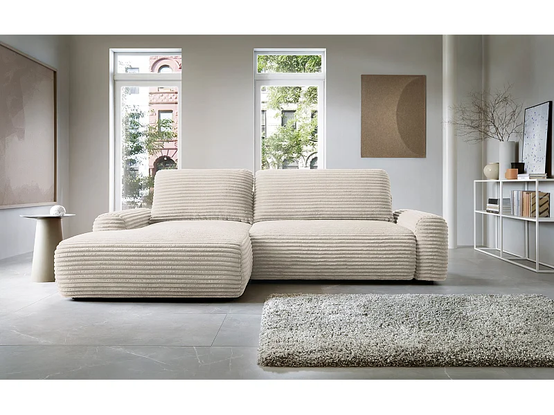 Canapé d'angle en forme de L avec fonction de couchage - velours côtelé - crème - côté gauche - ALFERIA