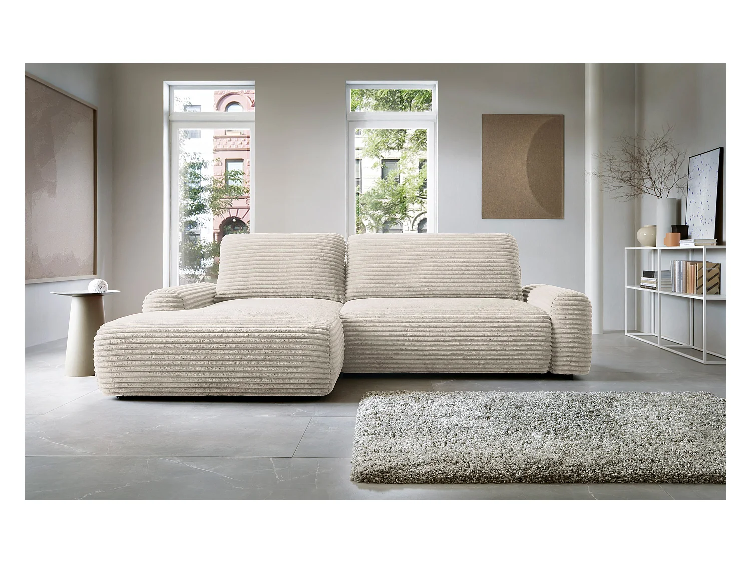 Canapé d'angle en forme de L avec fonction de couchage - velours côtelé - crème - côté gauche - ALFERIA