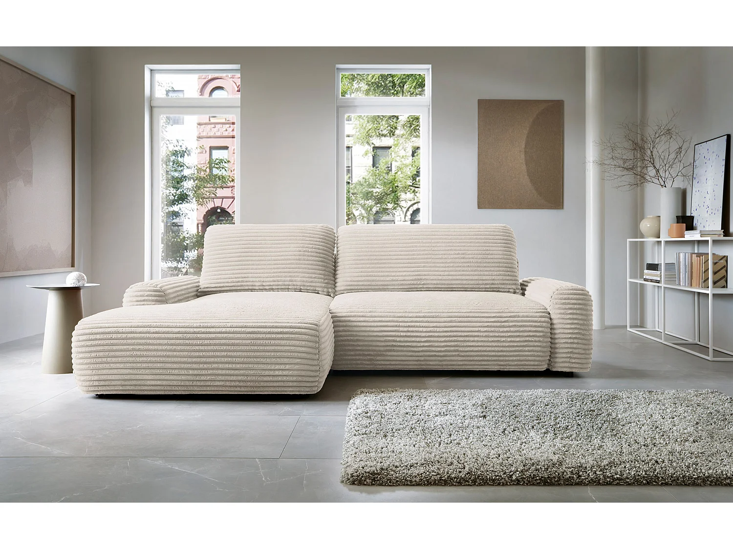 Canapé d'angle en forme de L avec fonction de couchage - velours côtelé - crème - côté gauche - ALFERIA