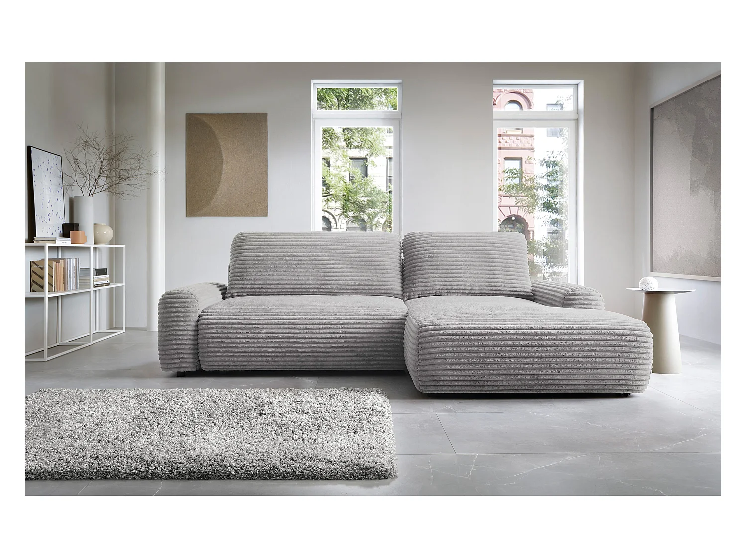 Canapé d'angle en forme de L avec fonction de couchage - velours côtelé - grège - côté droit - ALFERIA