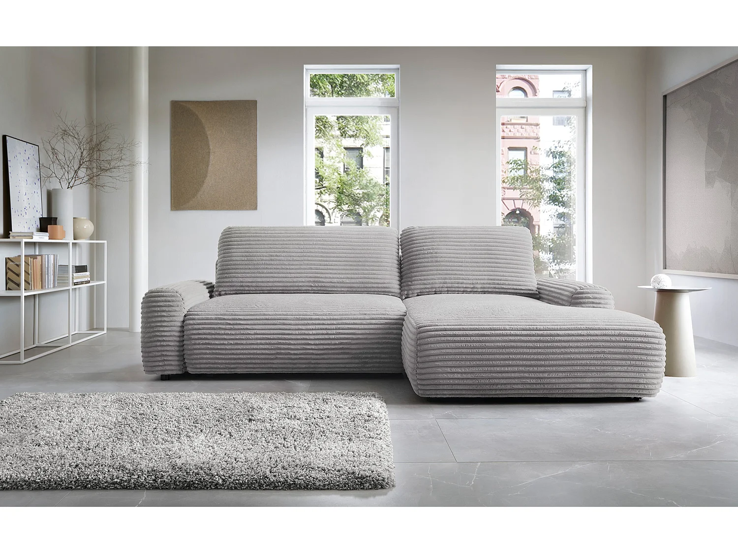 Canapé d'angle en forme de L avec fonction de couchage - velours côtelé - grège - côté droit - ALFERIA