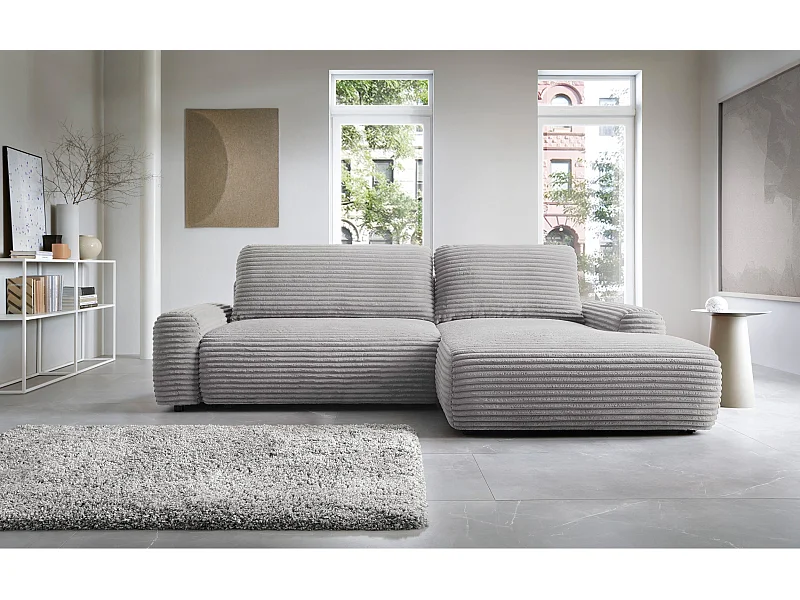 Canapé d'angle en forme de L avec fonction de couchage - velours côtelé - grège - côté droit - ALFERIA