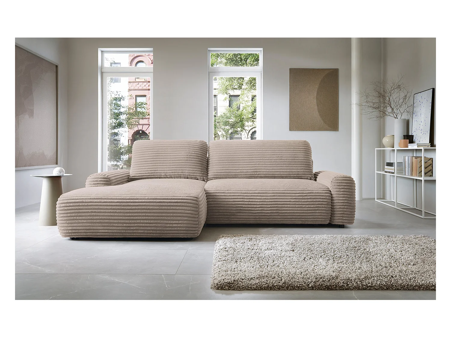 Canapé d'angle en forme de L avec fonction de couchage - velours côtelé - beige - côté gauche - ALFERIA
