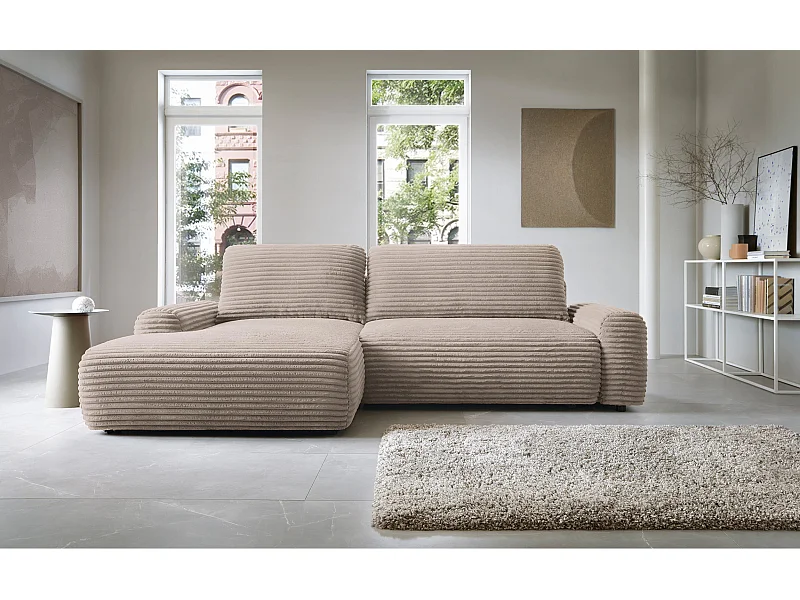 Canapé d'angle en forme de L avec fonction de couchage - velours côtelé - beige - côté gauche - ALFERIA
