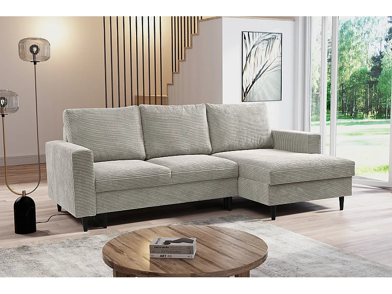 Canapé d'angle - avec fonction couchage en L - velours côtelé couleur gris clair - côté droit - NALIKA