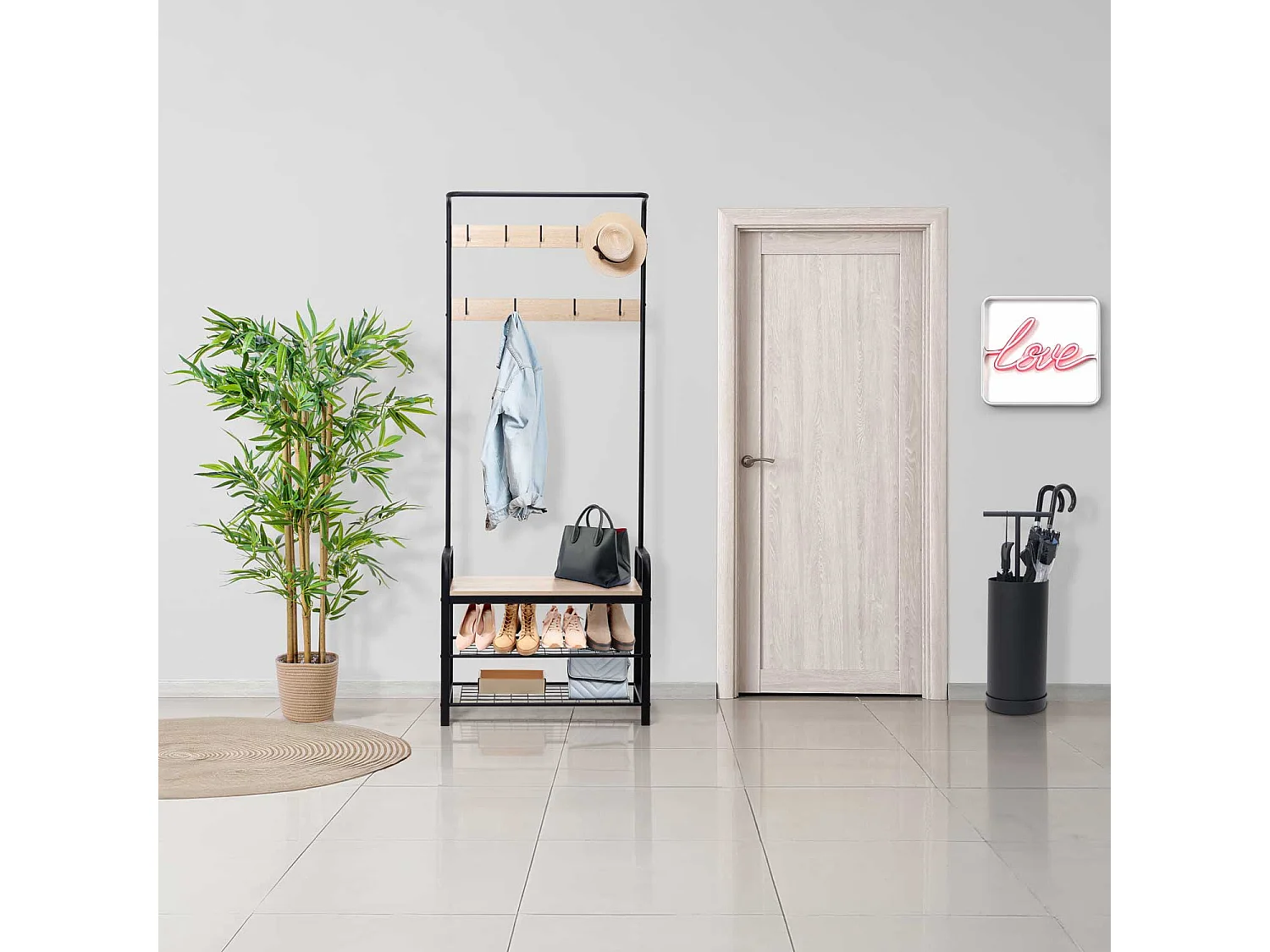 Sirsa - Appendiabiti freestanding con panca e vano scarpiera incorporati