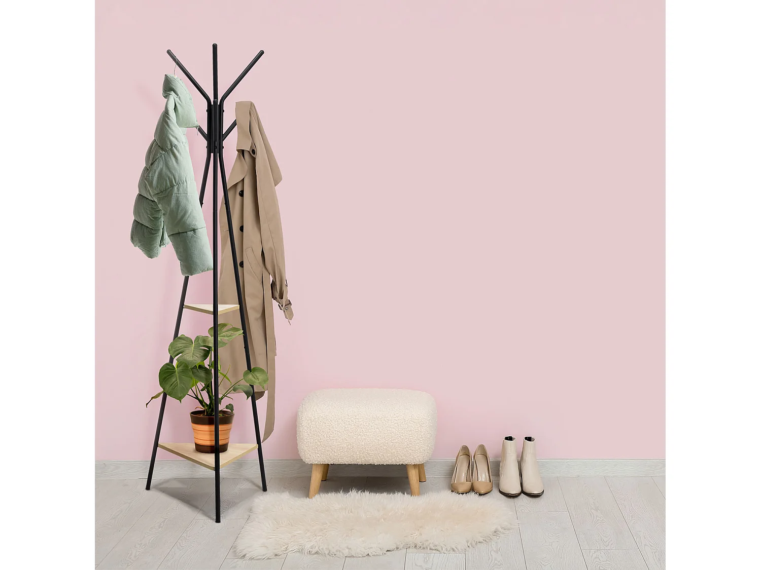 Gubinde - Cabide metálico 180x50 cm com 2 prateleiras de madeira