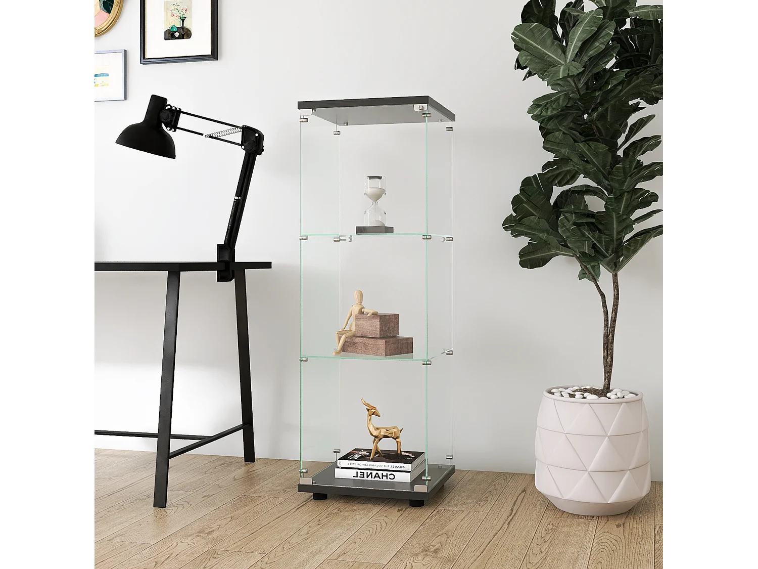 Vitrine en Verre - 3 étagères en Verre - bibliothèque à Poser au Sol pour Chambre à Coucher - Armoire Moderne en Bois avec Portes et Serrure - Noir