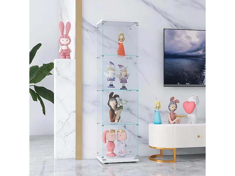 Vitrina de cristal de 164 cm, 4 estantes, 1 puerta y cerradura, vitrina independiente para dormitorio y sala de estar, color blanco