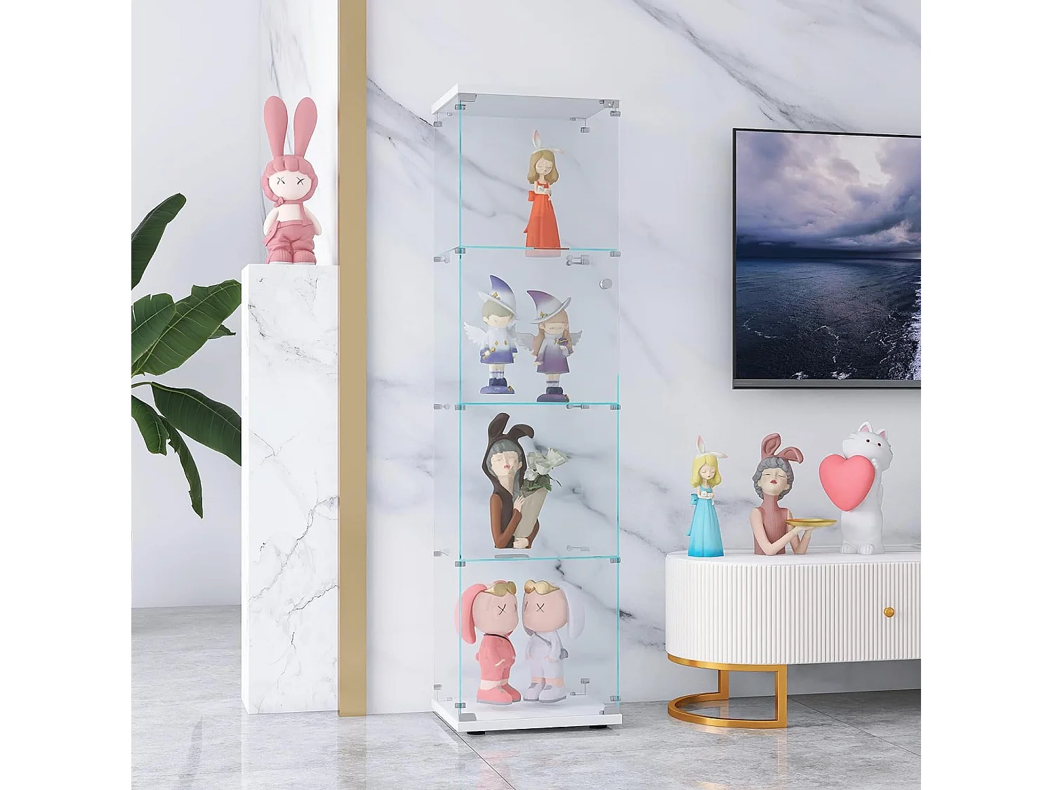 Vitrina de cristal de 164 cm, 4 estantes, 1 puerta y cerradura, vitrina independiente para dormitorio y sala de estar, color blanco