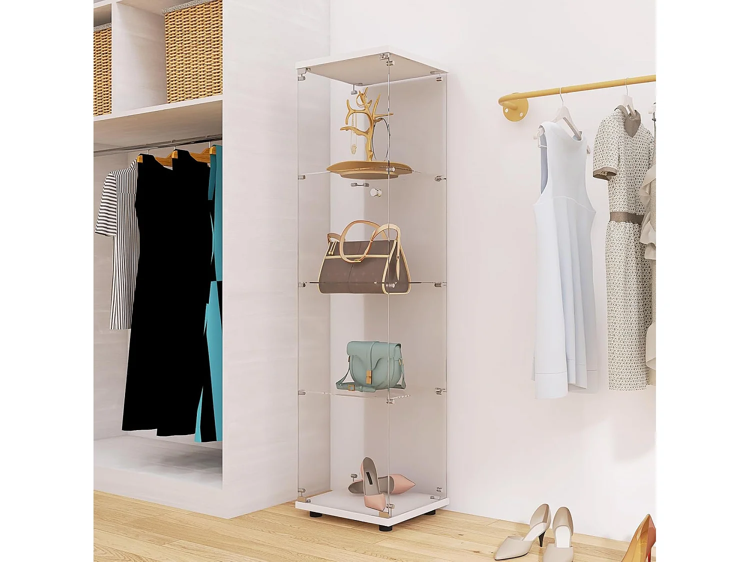 Vitrine en verre de 164 cm - à 4 étagères - vitrine à 1 porte avec serrure - armoire de rangement en verre sur pied pour chambre à coucher, salon - blanc