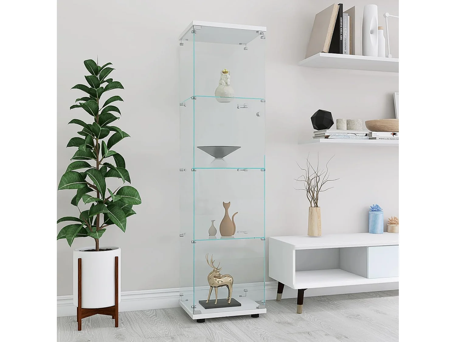 Vitrine en verre de 164 cm - à 4 étagères - vitrine à 1 porte avec serrure - armoire de rangement en verre sur pied pour chambre à coucher, salon - blanc