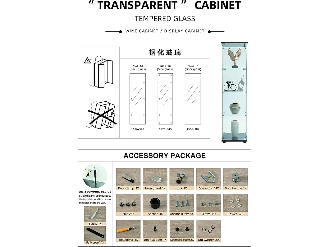 Vitrine en verre de 164 cm - à 4 étagères - vitrine à 1 porte avec serrure - armoire de rangement en verre sur pied pour chambre à coucher, salon - blanc