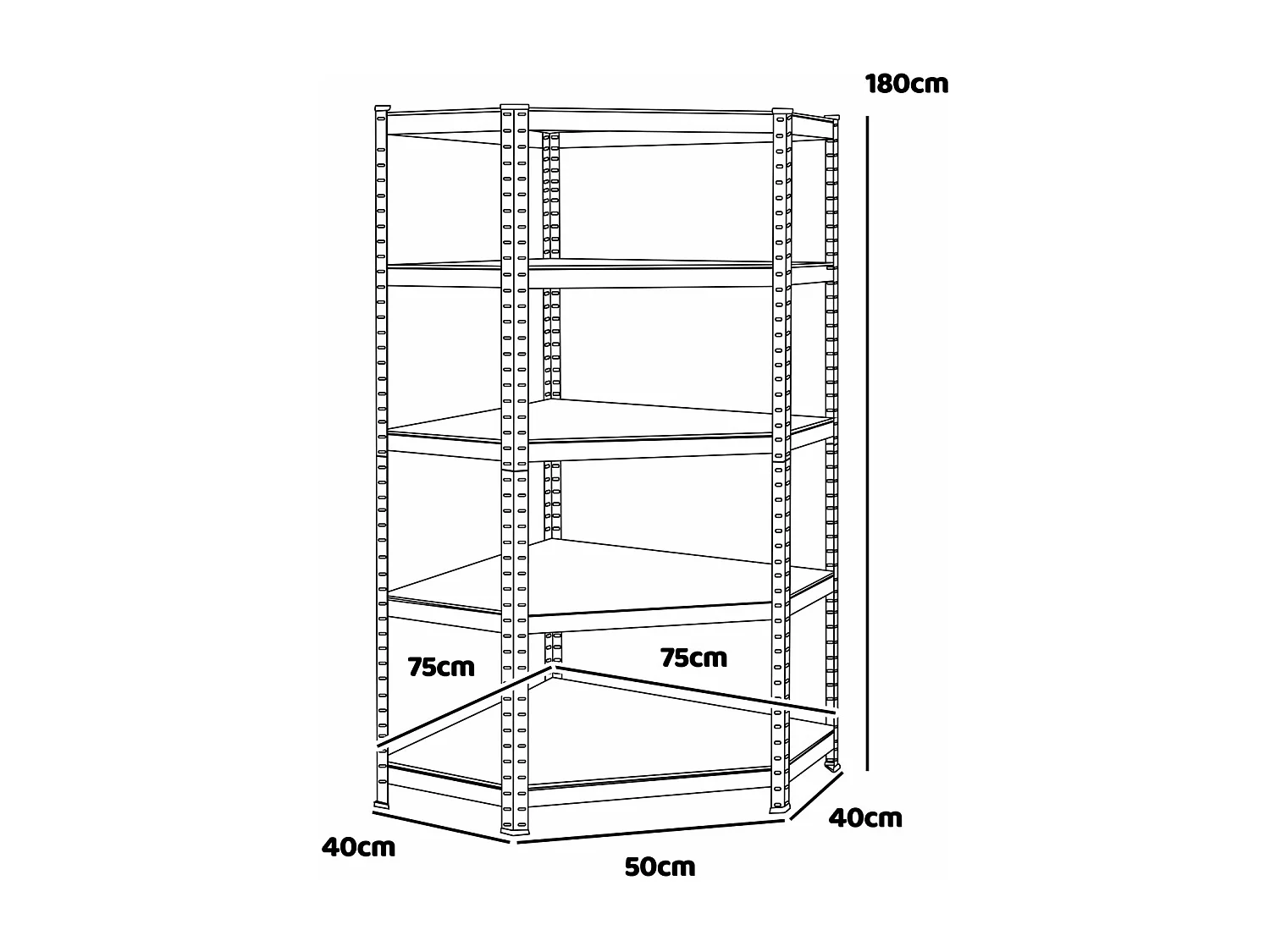 Nook - Scaffale angolare per carichi pesanti in metallo e MDF con 5 ripiani regolabili 180x75x40 cm