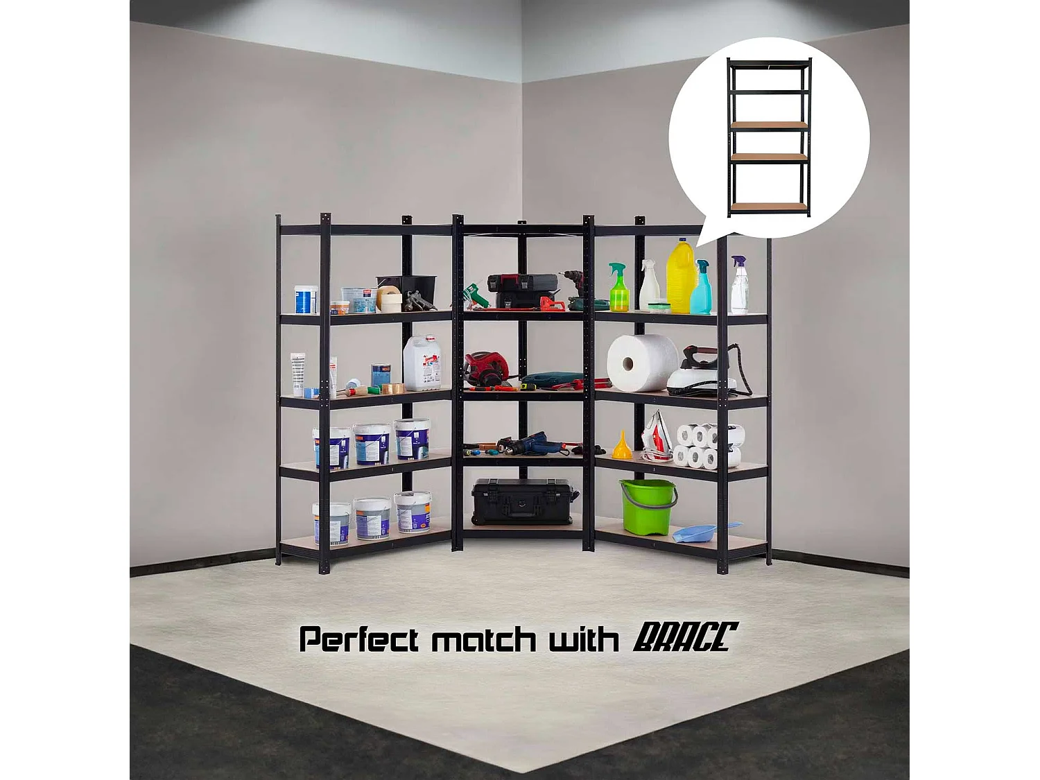 Nook - Scaffale angolare per carichi pesanti in metallo e MDF con 5 ripiani regolabili 180x75x40 cm