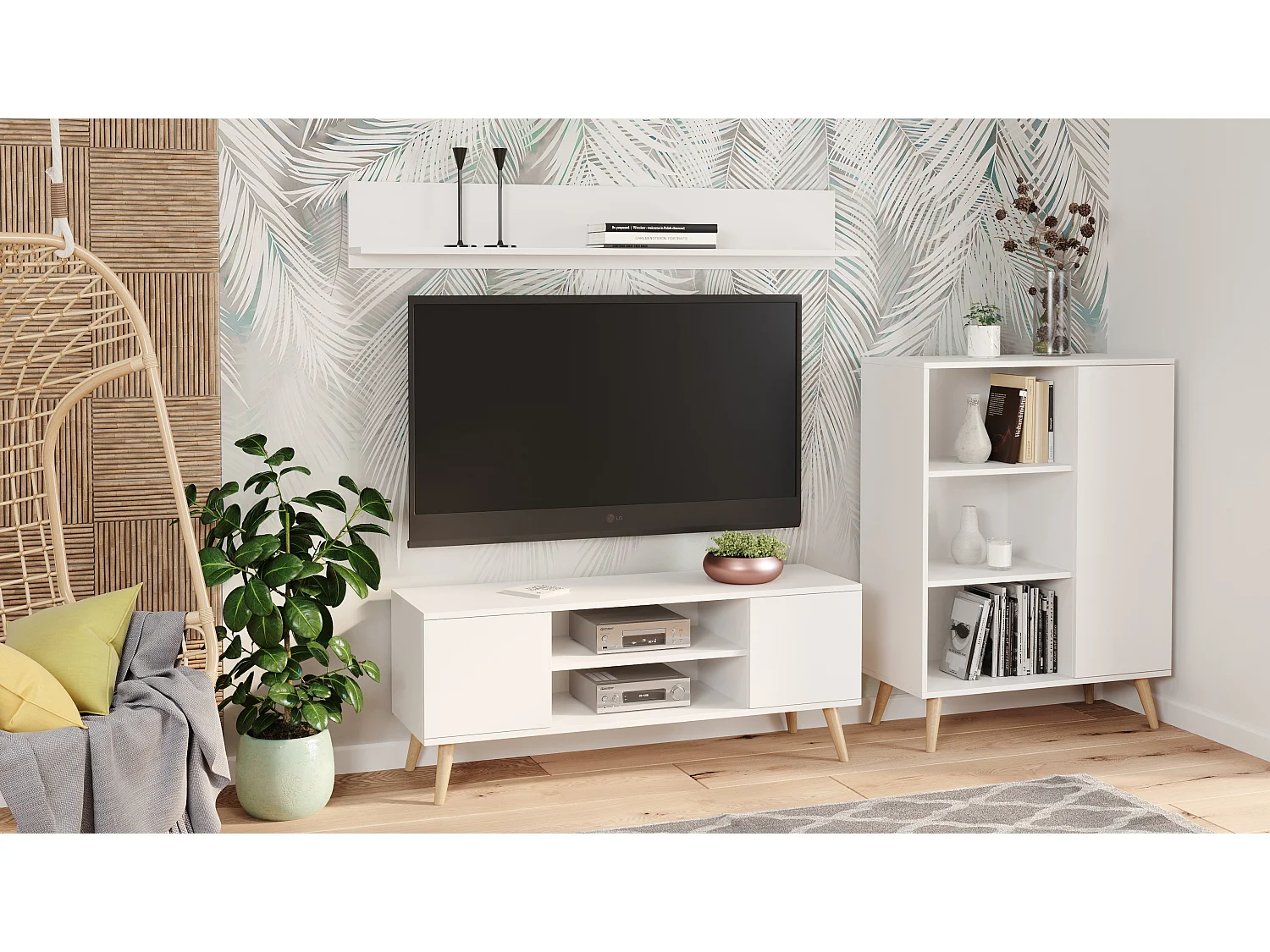 Mesa de TV FOCUS, 135 cm, blanca, estilo escandinavo