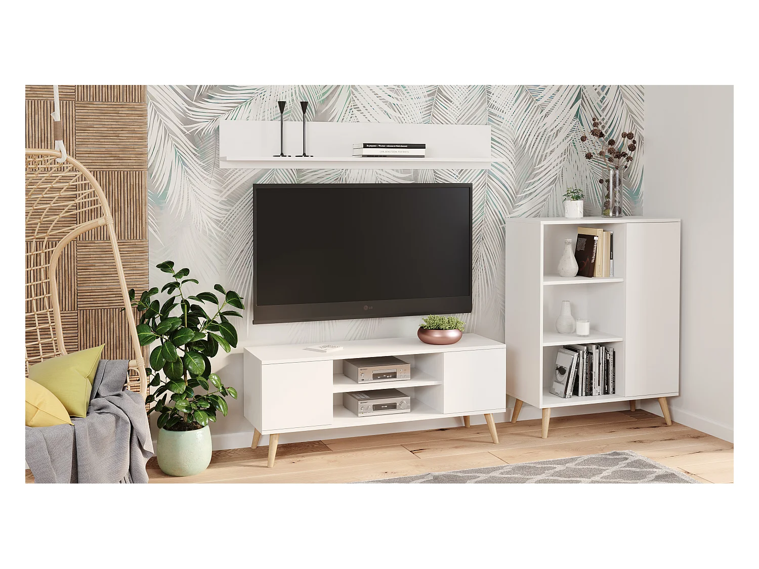 Table TV FOCUS, 135 cm, blanche, style scandinave
