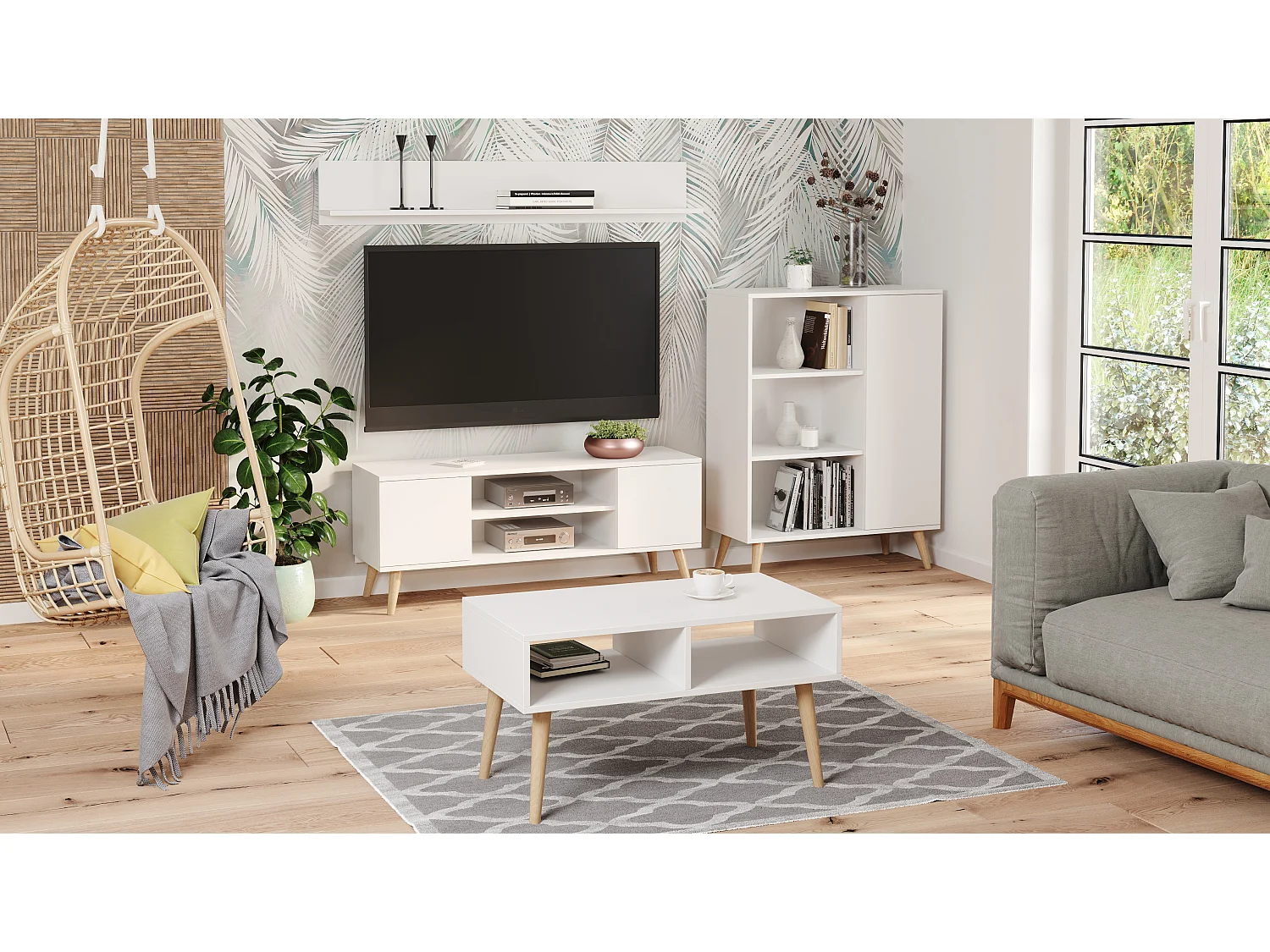 Table TV FOCUS, 135 cm, blanche, style scandinave