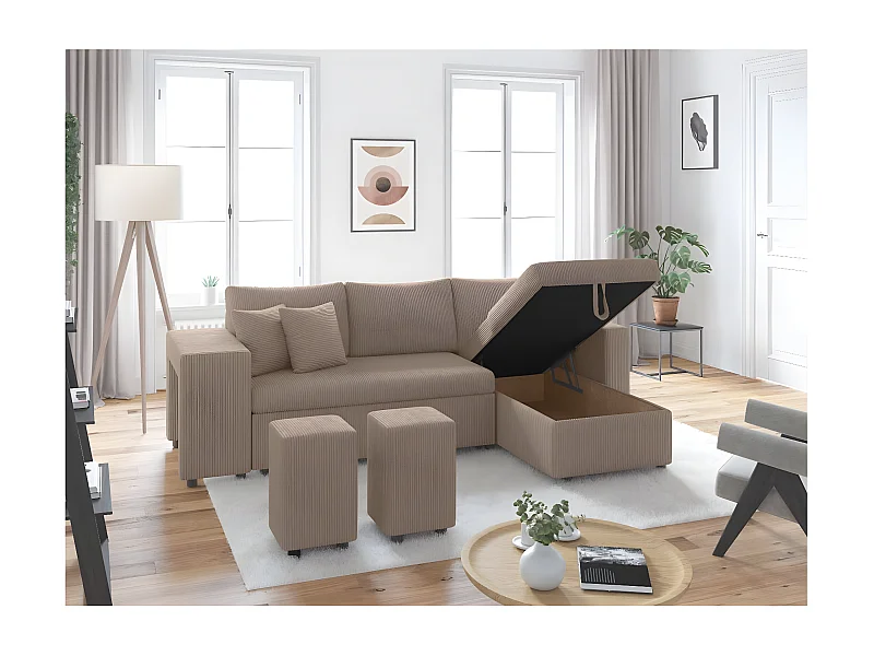 Canapé d'angle réversible convertible Oslo avec coffre, 2 poufs à gauche en velours côtelé taupe - L241 x P146 x H81cm - Loungitude