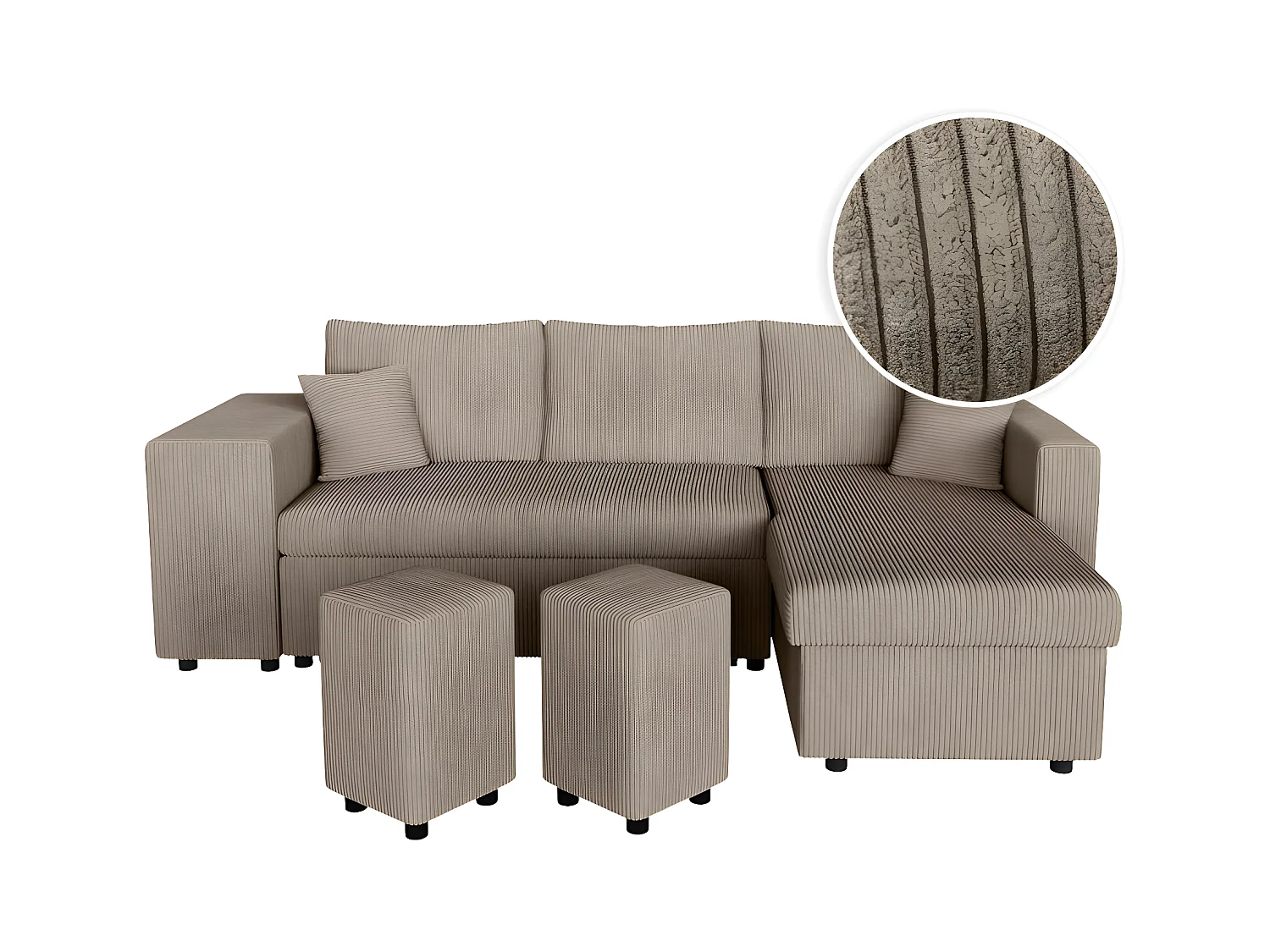 Canapé d'angle réversible convertible Oslo avec coffre, 2 poufs à gauche en velours côtelé taupe - L241 x P146 x H81cm - Loungitude