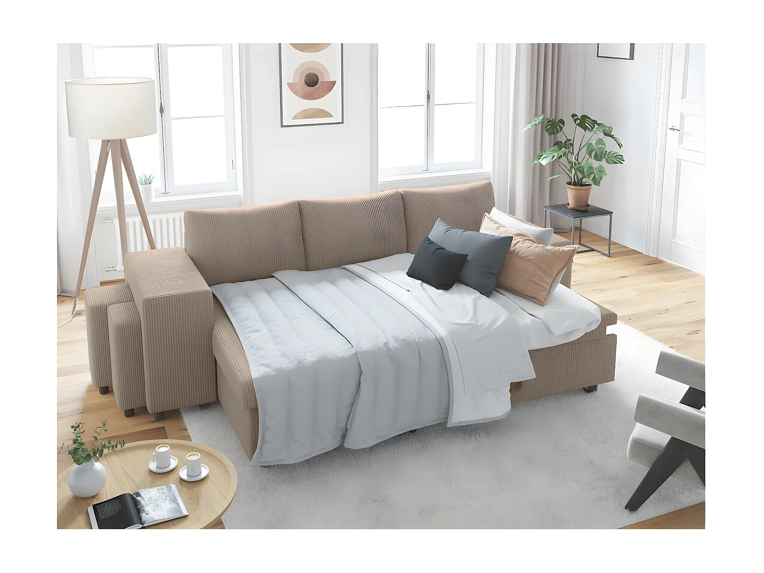 Canapé d'angle réversible convertible Oslo avec coffre, 2 poufs à gauche en velours côtelé taupe - L241 x P146 x H81cm - Loungitude