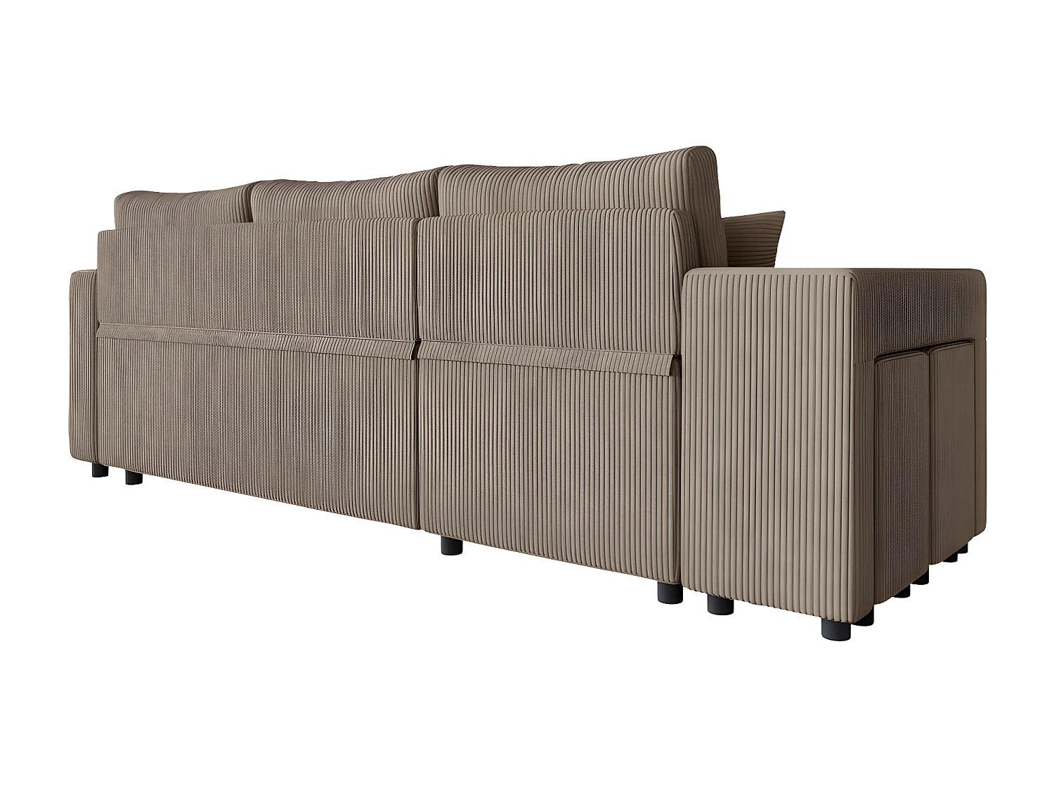 Canapé d'angle réversible convertible Oslo avec coffre, 2 poufs à gauche en velours côtelé taupe - L241 x P146 x H81cm - Loungitude