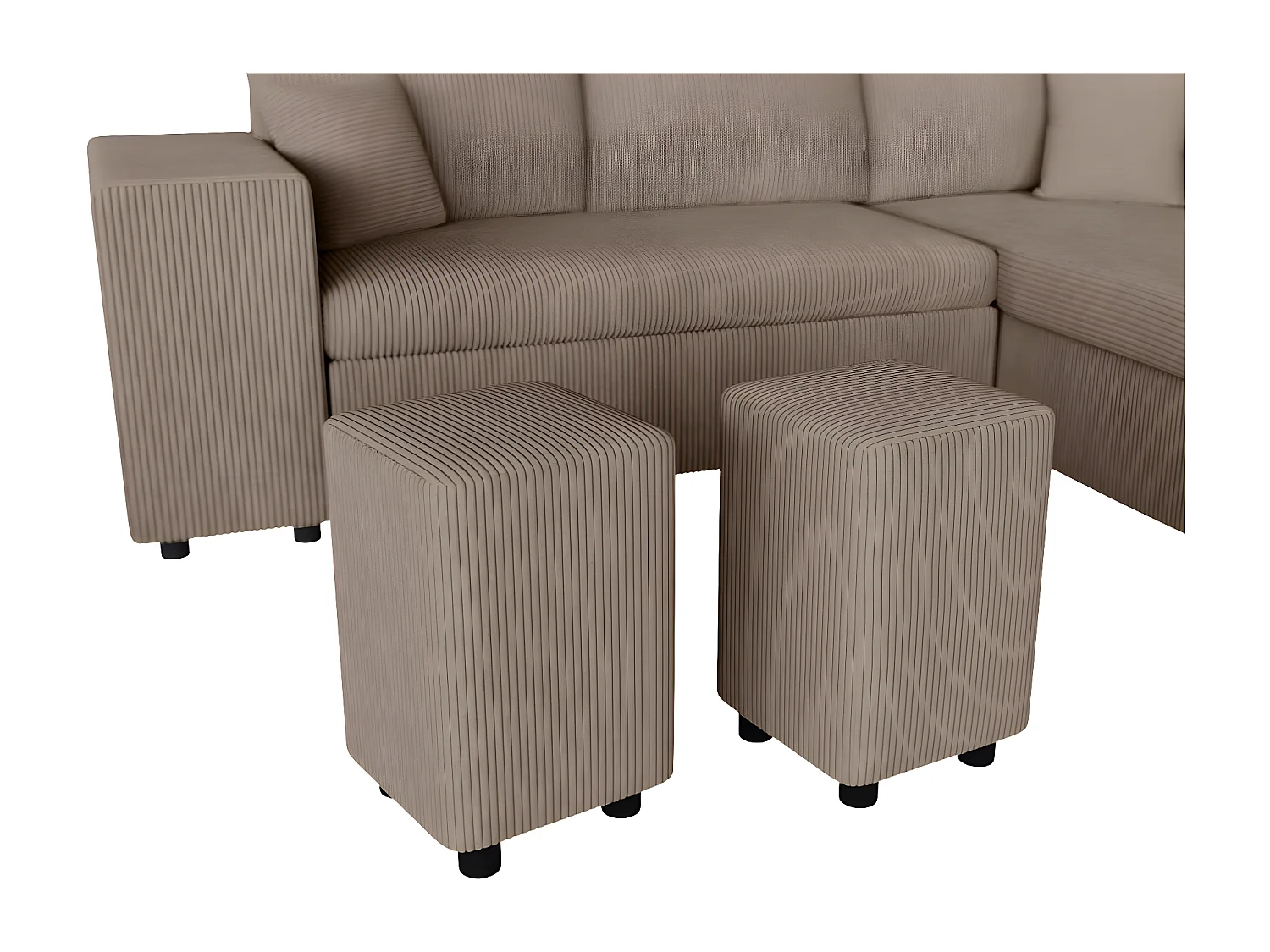 Canapé d'angle réversible convertible Oslo avec coffre, 2 poufs à gauche en velours côtelé taupe - L241 x P146 x H81cm - Loungitude