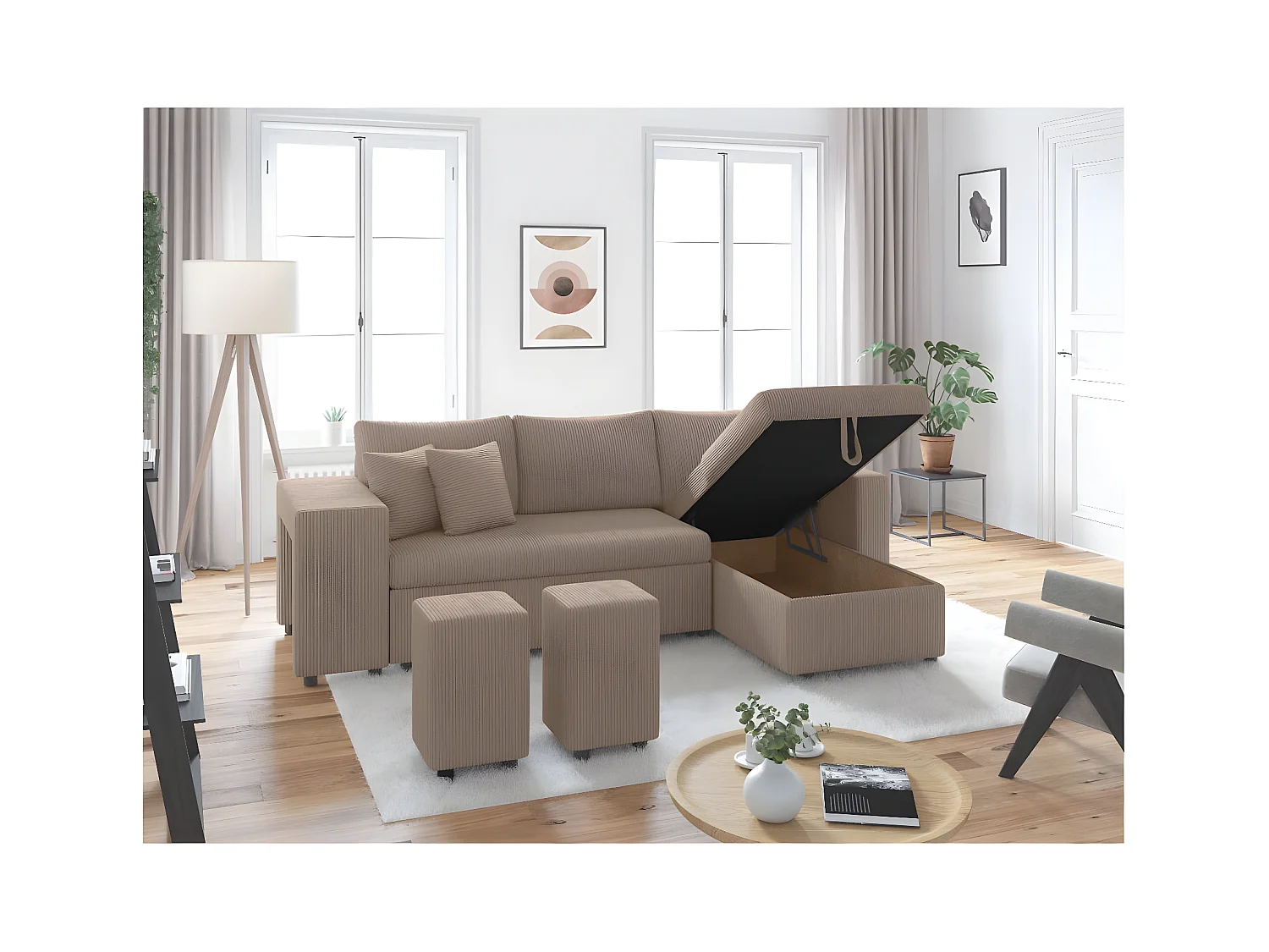 Canapé d'angle réversible convertible Oslo avec coffre, 2 poufs à gauche en velours côtelé taupe - L241 x P146 x H81cm - Loungitude