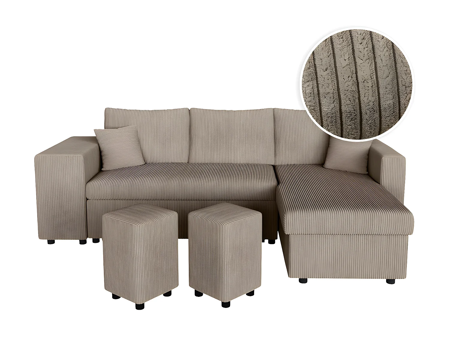 Canapé d'angle réversible convertible Oslo avec coffre, 2 poufs à gauche en velours côtelé taupe - L241 x P146 x H81cm - Loungitude