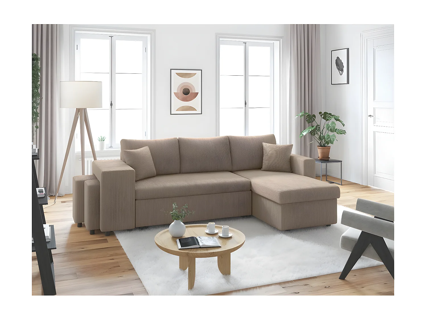 Canapé d'angle réversible convertible Oslo avec coffre, 2 poufs à gauche en velours côtelé taupe - L241 x P146 x H81cm - Loungitude