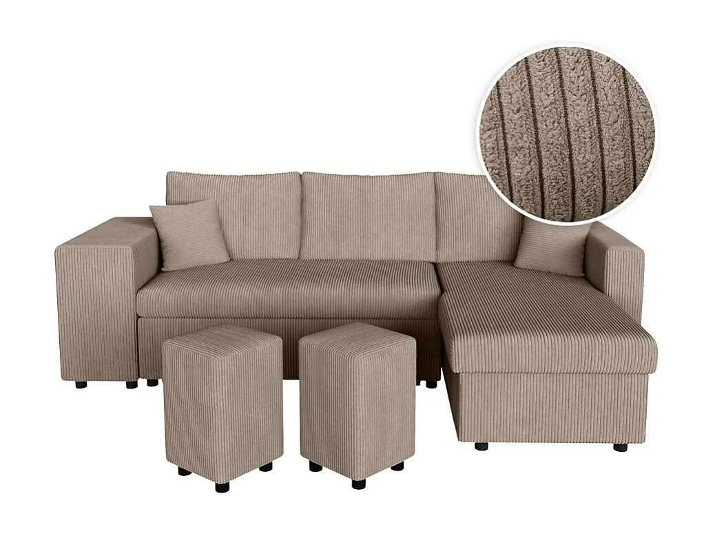 Canapé d'angle réversible convertible Oslo avec coffre, 2 poufs à gauche en velours côtelé taupe - L241 x P146 x H81cm - Loungitude