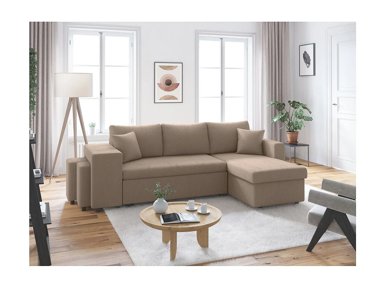 Canapé d'angle réversible convertible Oslo avec coffre, 2 poufs à gauche en velours côtelé taupe - L241 x P146 x H81cm - Loungitude