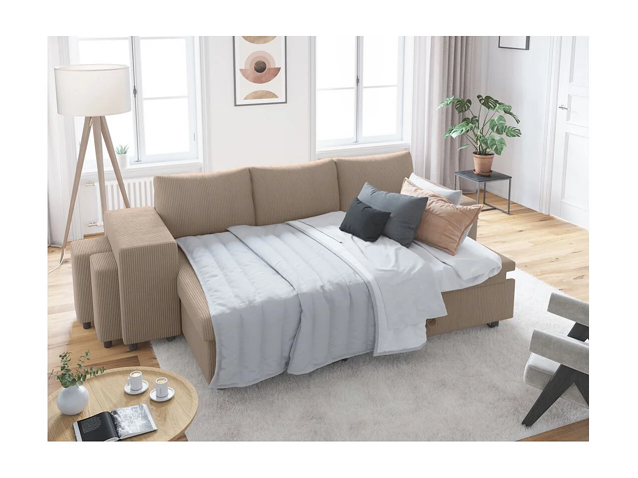 Canapé d'angle réversible convertible Oslo avec coffre, 2 poufs à gauche en velours côtelé taupe - L241 x P146 x H81cm - Loungitude