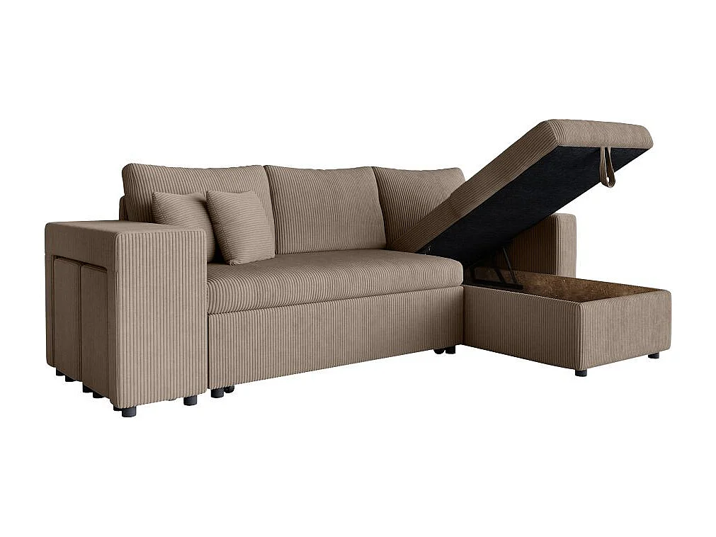 Canapé d'angle réversible convertible Oslo avec coffre, 2 poufs à gauche en velours côtelé taupe - L241 x P146 x H81cm - Loungitude