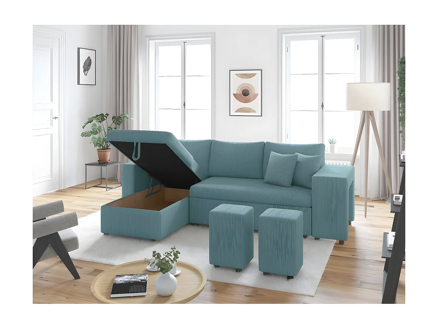 Canapé d'angle réversible convertible Oslo avec coffre, 2 poufs à droite en velours côtelé bleu - L241 x P146 x H81cm - Loungitude