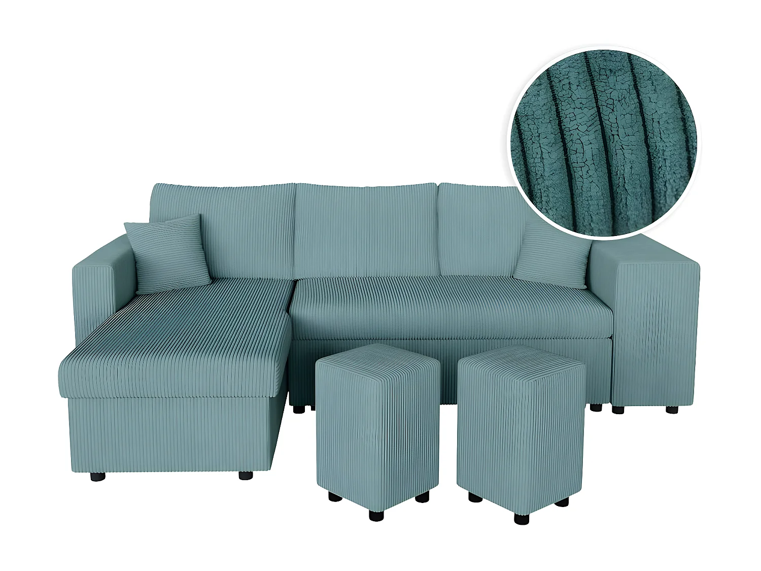 Canapé d'angle réversible convertible Oslo avec coffre, 2 poufs à droite en velours côtelé bleu - L241 x P146 x H81cm - Loungitude