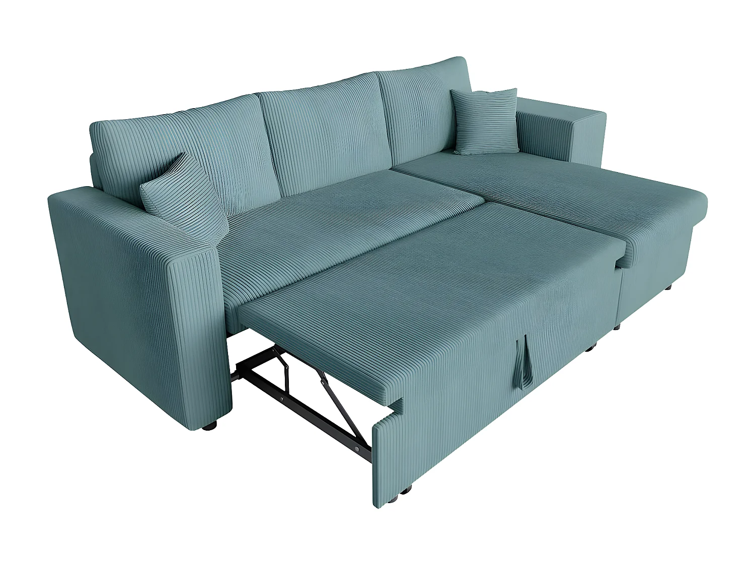 Canapé d'angle réversible convertible Oslo avec coffre, 2 poufs à droite en velours côtelé bleu - L241 x P146 x H81cm - Loungitude