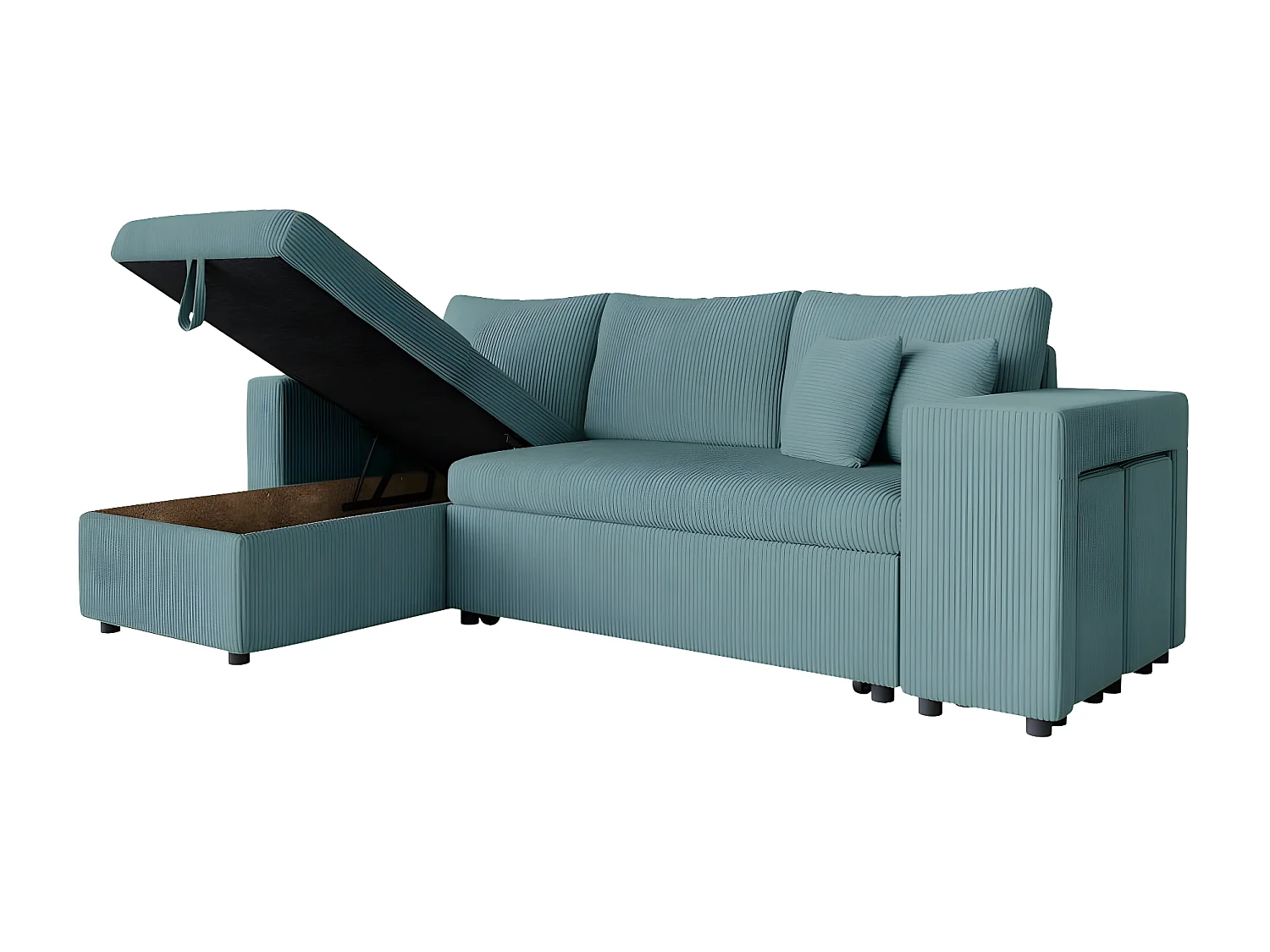 Canapé d'angle réversible convertible Oslo avec coffre, 2 poufs à droite en velours côtelé bleu - L241 x P146 x H81cm - Loungitude