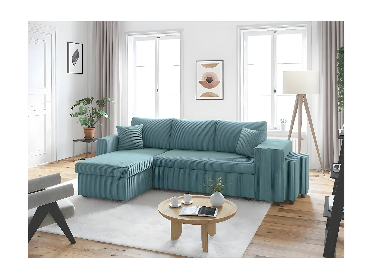 Canapé d'angle réversible convertible Oslo avec coffre, 2 poufs à droite en velours côtelé bleu - L241 x P146 x H81cm - Loungitude