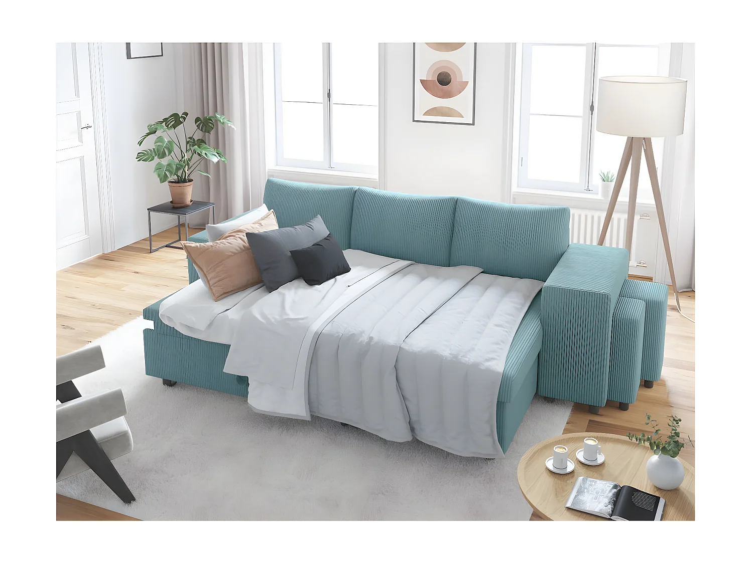 Canapé d'angle réversible convertible Oslo avec coffre, 2 poufs à droite en velours côtelé bleu - L241 x P146 x H81cm - Loungitude