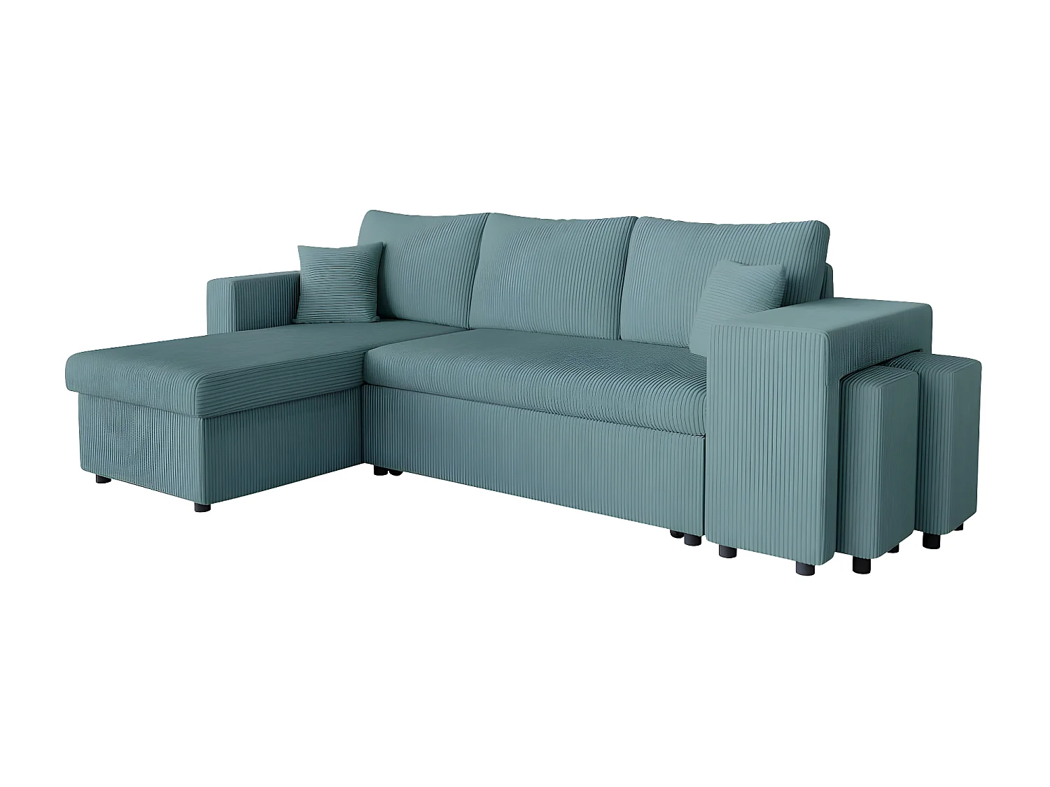 Canapé d'angle réversible convertible Oslo avec coffre, 2 poufs à droite en velours côtelé bleu - L241 x P146 x H81cm - Loungitude