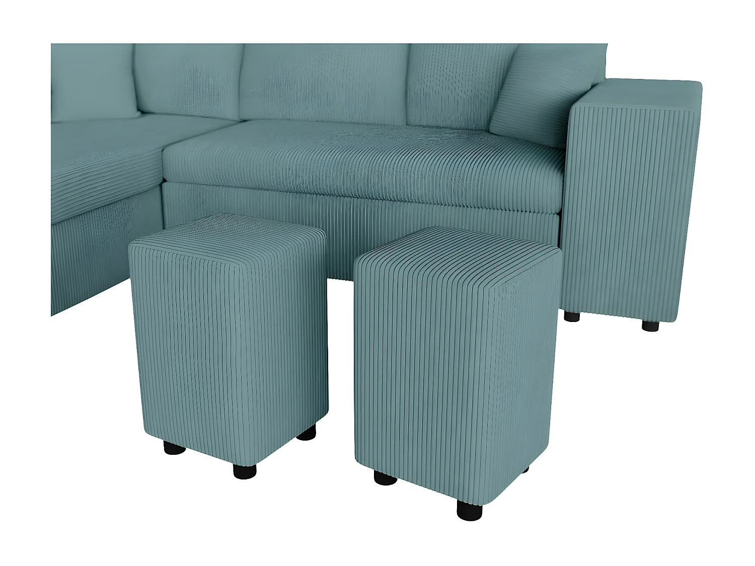 Canapé d'angle réversible convertible Oslo avec coffre, 2 poufs à droite en velours côtelé bleu - L241 x P146 x H81cm - Loungitude