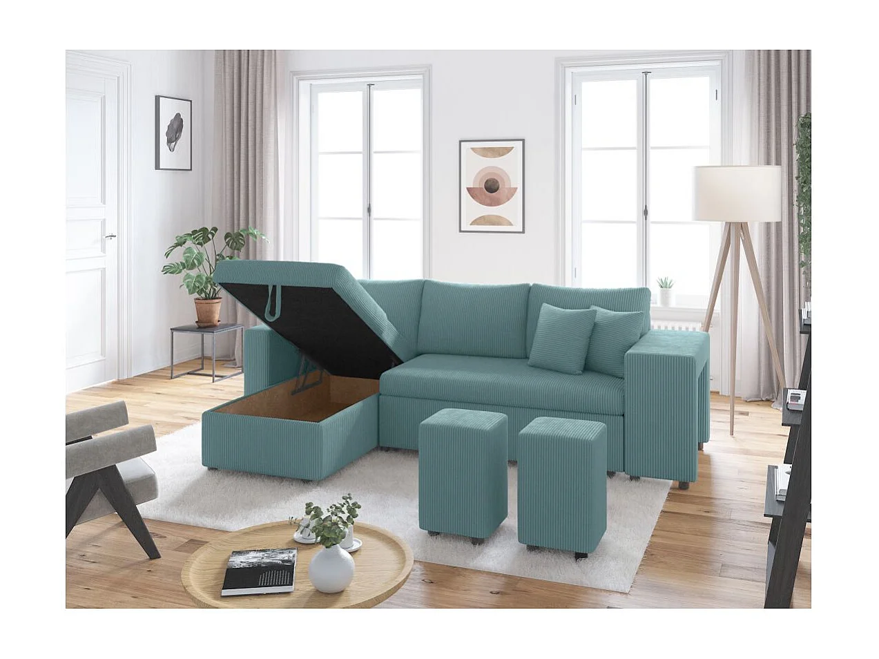 Canapé d'angle réversible convertible Oslo avec coffre, 2 poufs à droite en velours côtelé bleu - L241 x P146 x H81cm - Loungitude