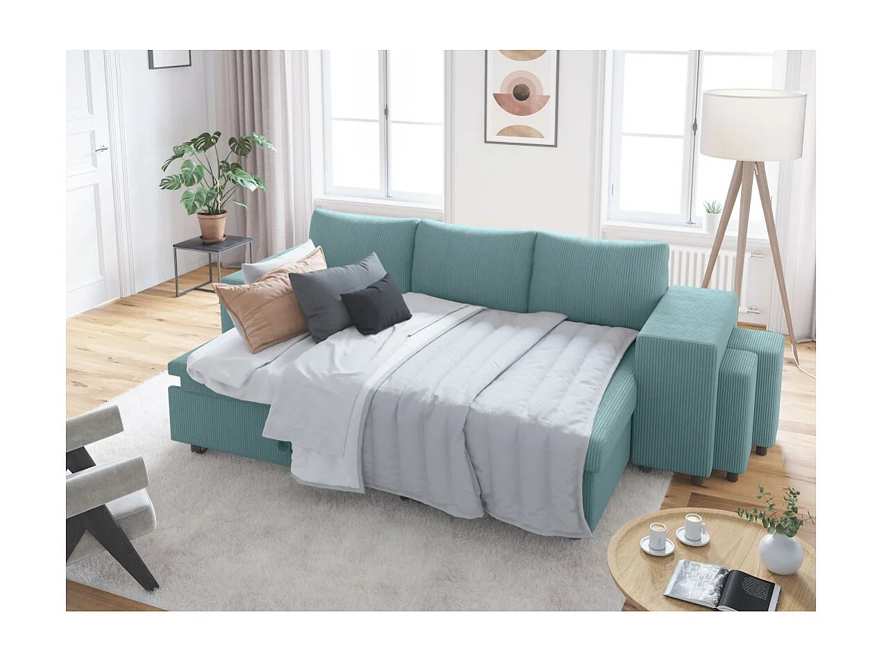 Canapé d'angle réversible convertible Oslo avec coffre, 2 poufs à droite en velours côtelé bleu - L241 x P146 x H81cm - Loungitude