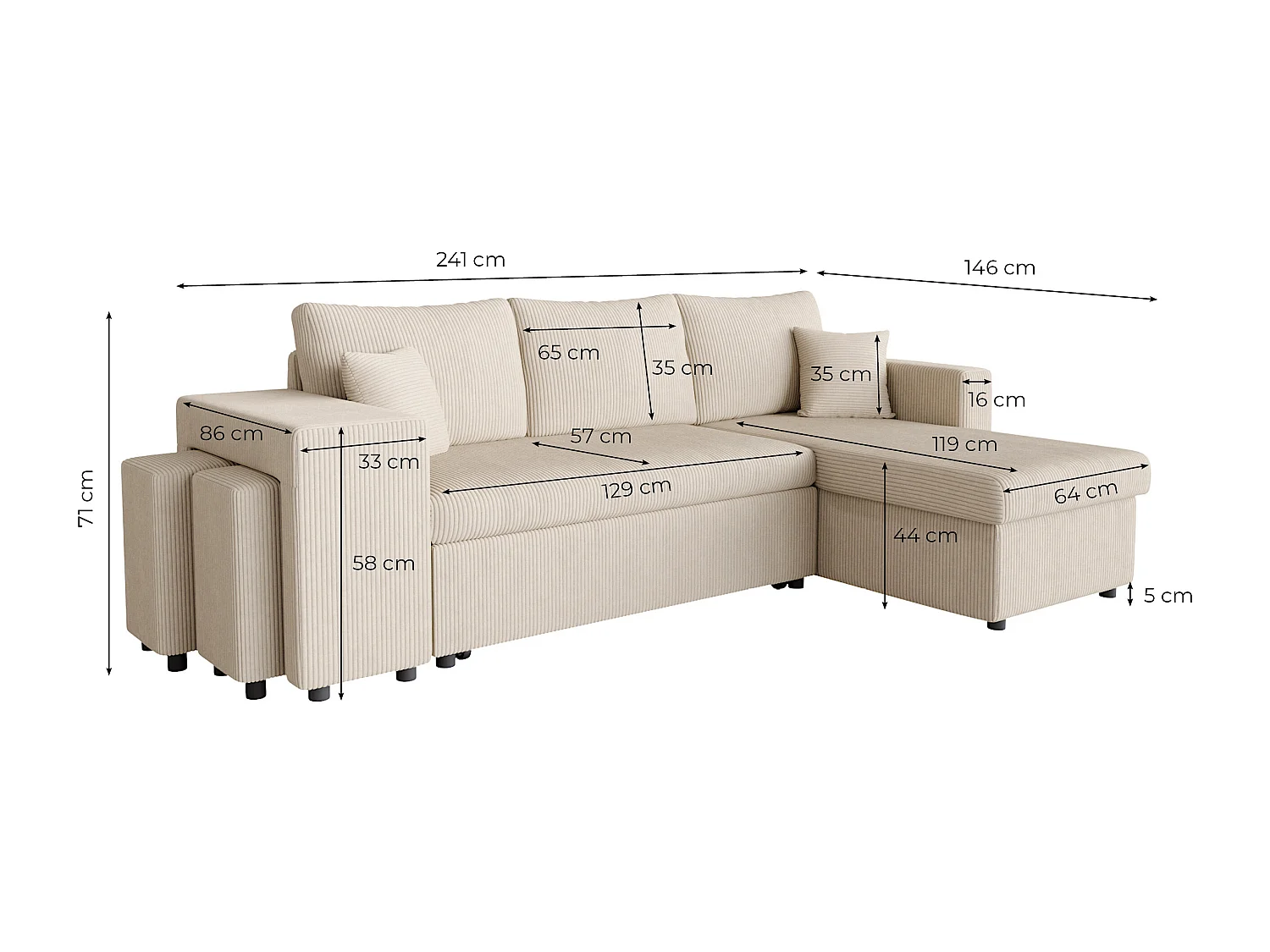 Canapé d'angle réversible convertible Oslo avec coffre, 2 poufs à droite en velours côtelé bleu - L241 x P146 x H81cm - Loungitude