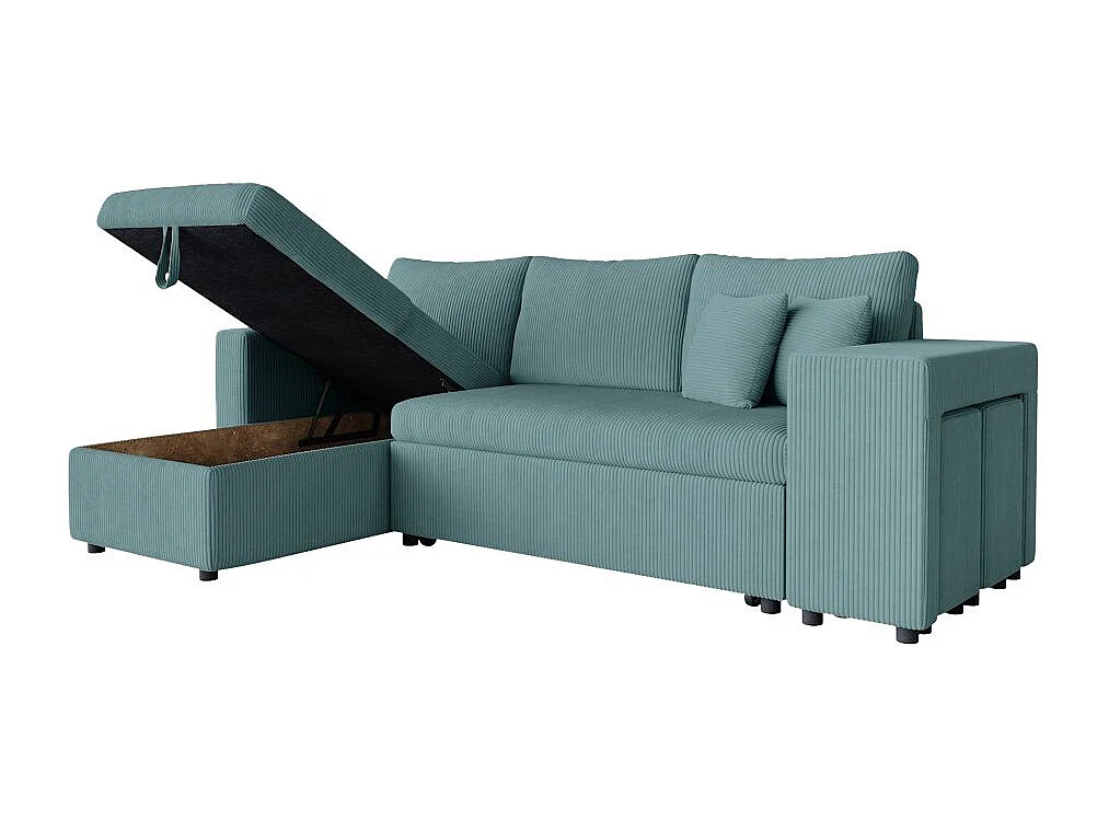Canapé d'angle réversible convertible Oslo avec coffre, 2 poufs à droite en velours côtelé bleu - L241 x P146 x H81cm - Loungitude
