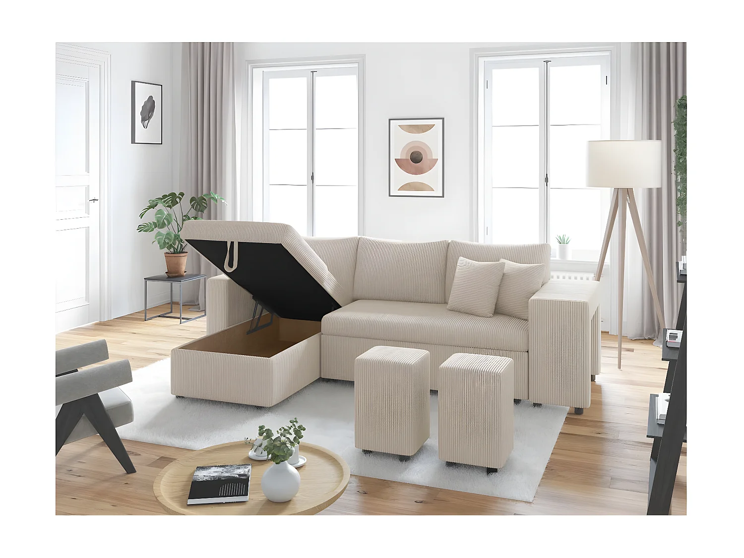 Canapé d'angle réversible convertible Oslo avec coffre, 2 poufs à droite en velours côtelé beige - L241 x P146 x H81cm - Loungitude