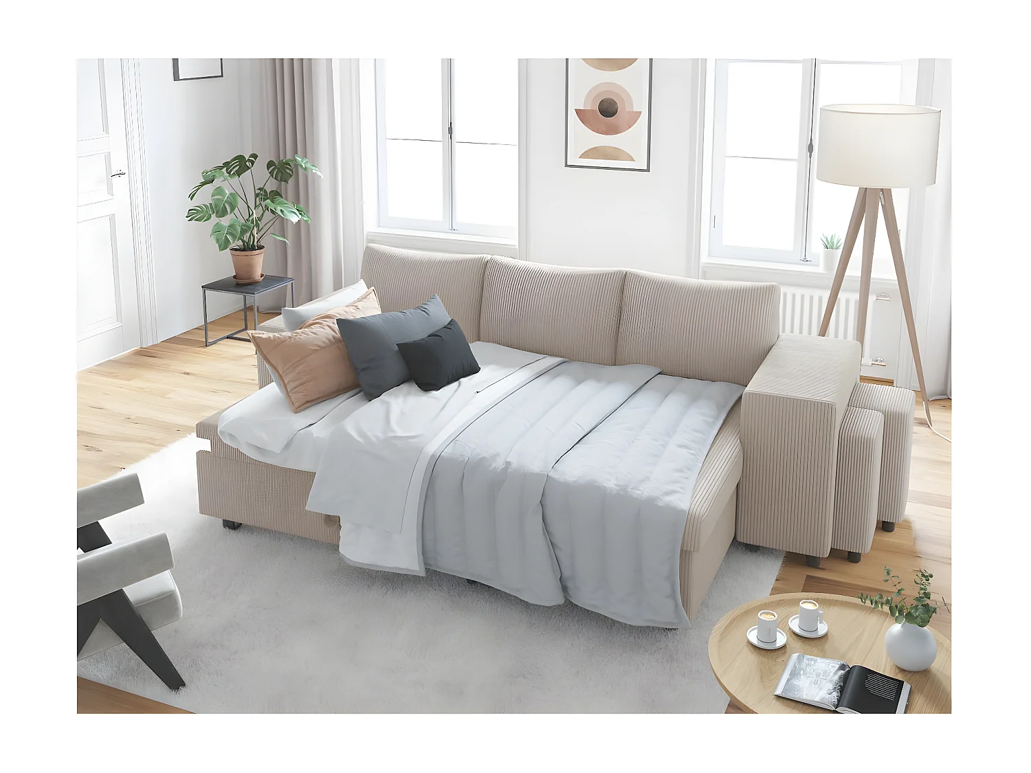 Canapé d'angle réversible convertible Oslo avec coffre, 2 poufs à droite en velours côtelé beige - L241 x P146 x H81cm - Loungitude